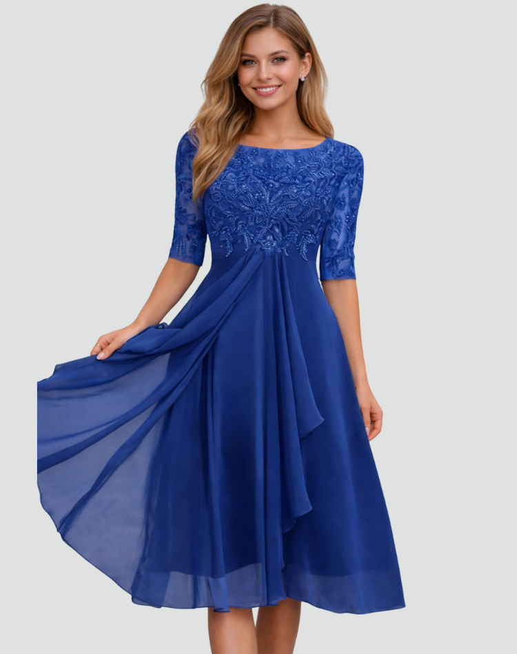 Lace Bodice Three-Quarter Sleeve Midi Party Dress for Women