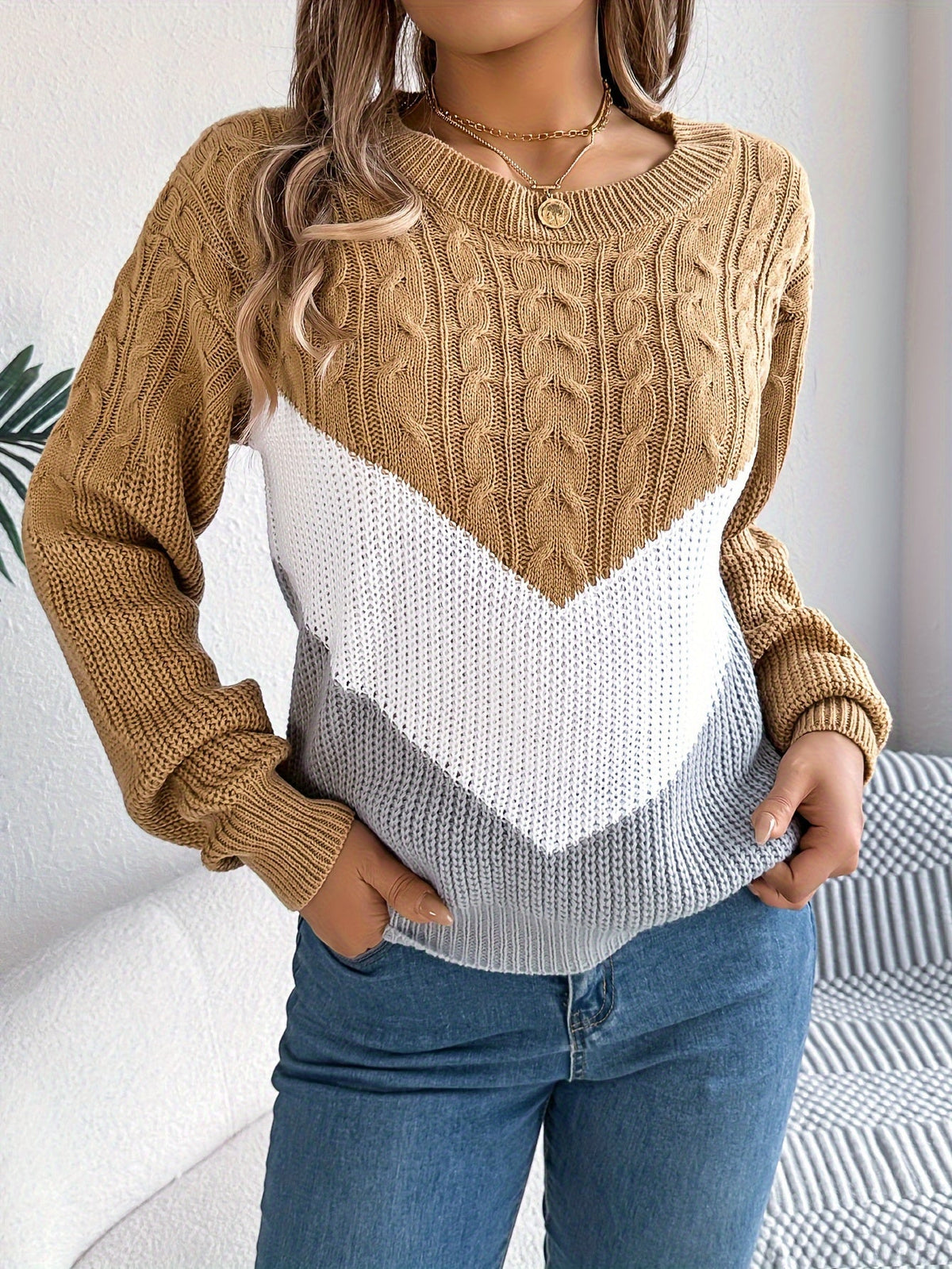 Stretch Knit Color Block Round Neck Sweater for Women | Fall Winter Layering