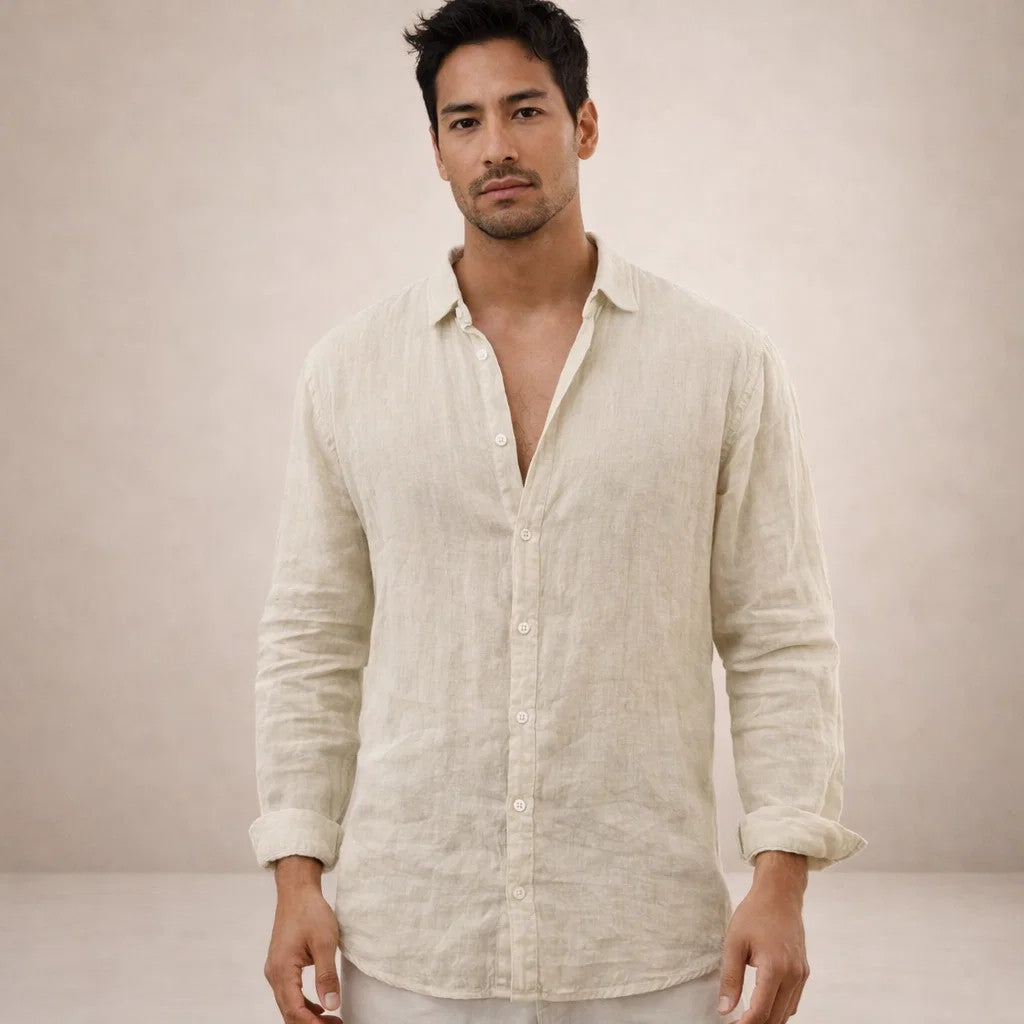 Linen Regular Fit Long Sleeve Open Collar Shirt for Men