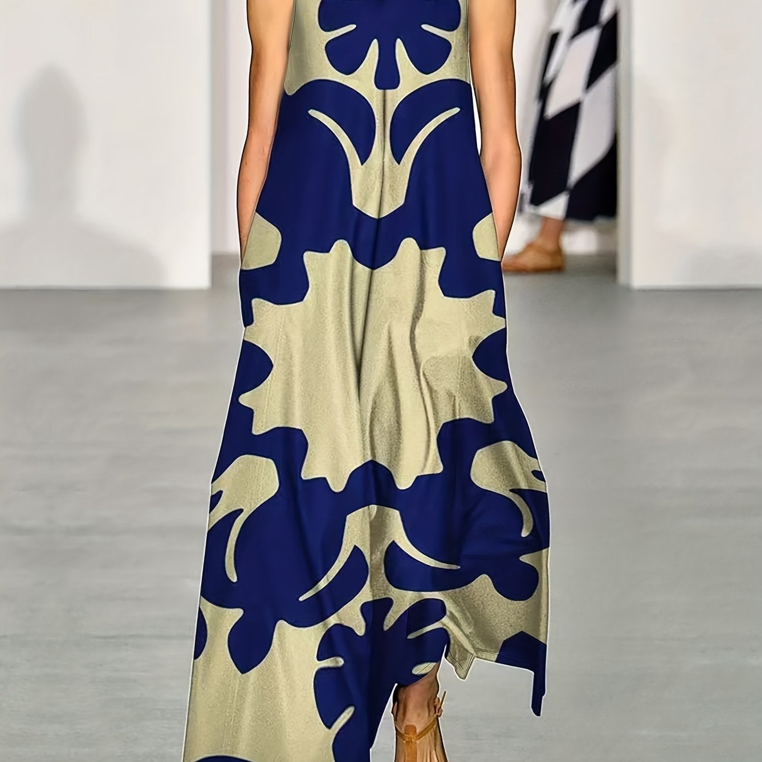 Blue Floral V-Neck Sleeveless Swing Maxi Dress for Women | With Pockets