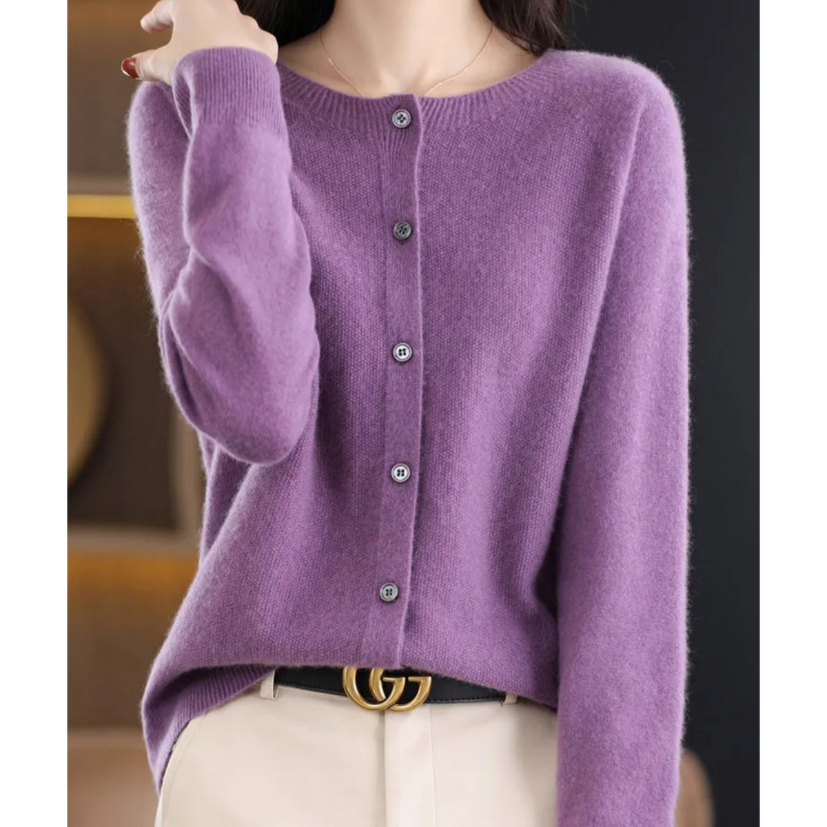 Merino Wool Cashmere Round Neck Button Front Long Sleeve Cardigan for Women