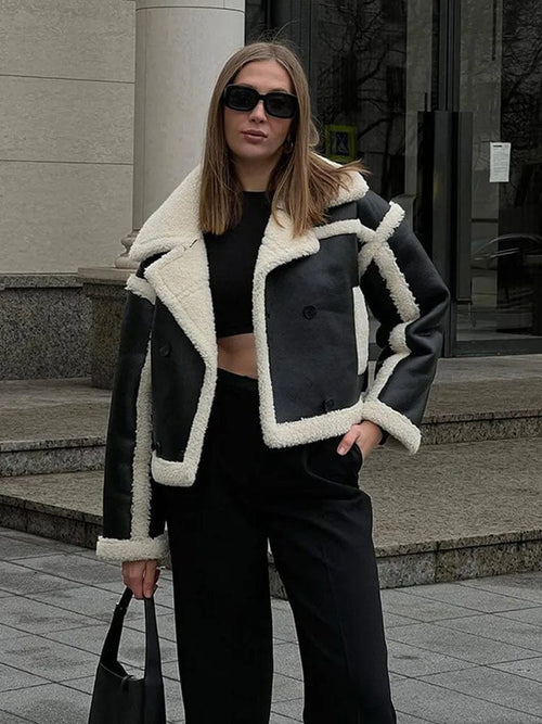Black Oversized Fit Cropped Length High-Waisted Design Jacket for Women