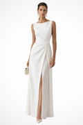 White Boat Neck Draped Waist Maxi Dress for Women | Wedding Guest