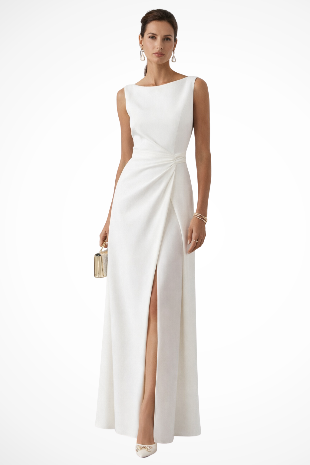 White Boat Neck Draped Waist Maxi Dress for Women | Wedding Guest