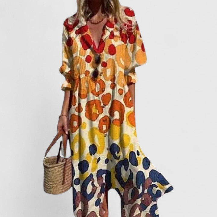 Leaf Print Maxi Shirt Dress for Women | Floor-Length Boho Style