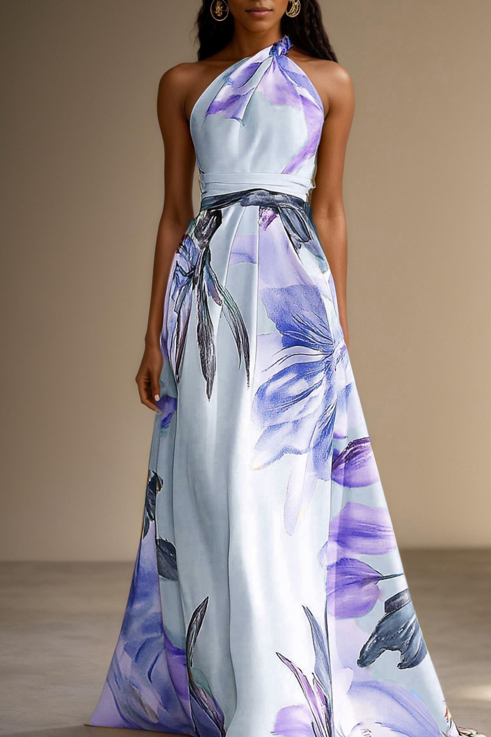 Floral Satin One-Shoulder Maxi Dress for Women | Wedding Guest