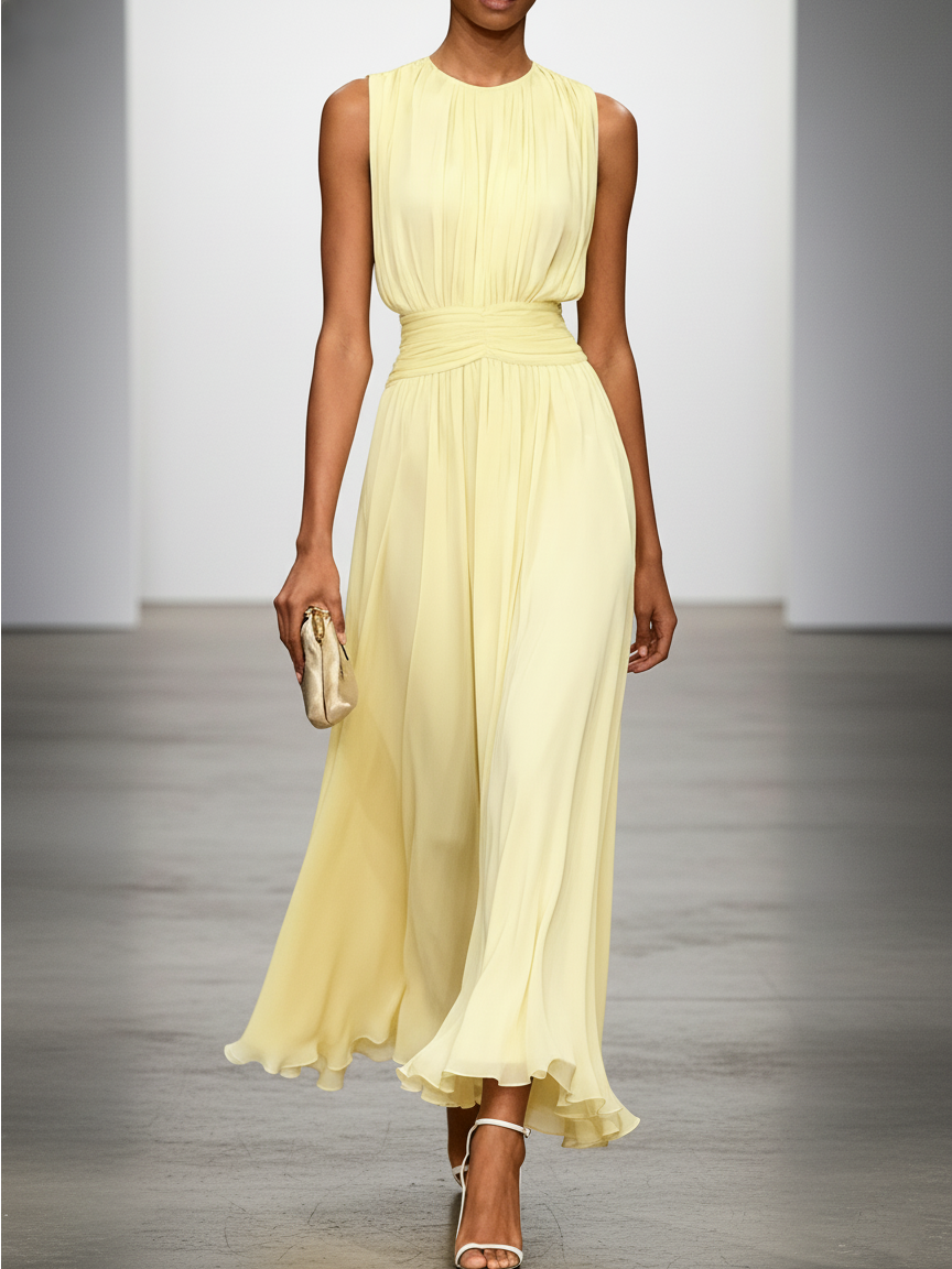 Sleeveless Ruched A-Line Chiffon Maxi Dress for Women | Wedding Guest
