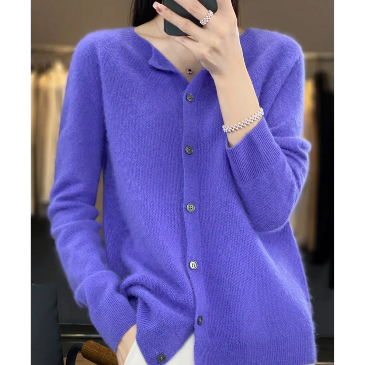 Merino Wool Cashmere Round Neck Button Front Long Sleeve Cardigan for Women