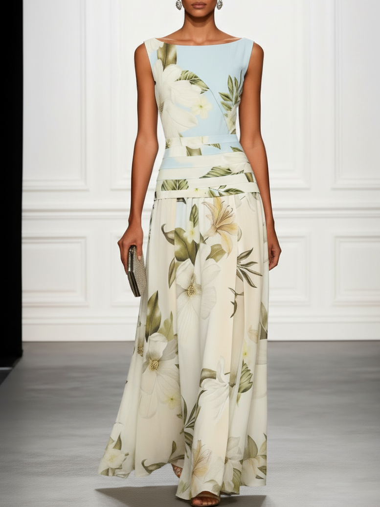 Floral Boat Neck Sleeveless Maxi Dress for Women | Wedding Guest