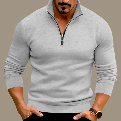 Black Polyester Stand-Up Collar Zip Closure Breathable Sweater for Men