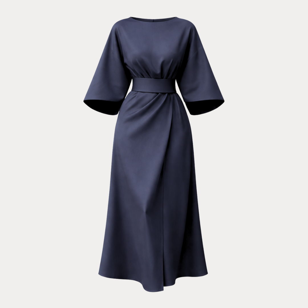 Wide Sleeve Wrap Midi Dress for Women | Belted V-Neckline