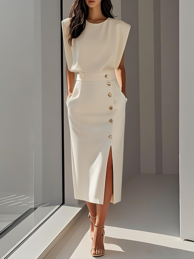 Round Neck Midi Dress with Button Slit Detail for Women