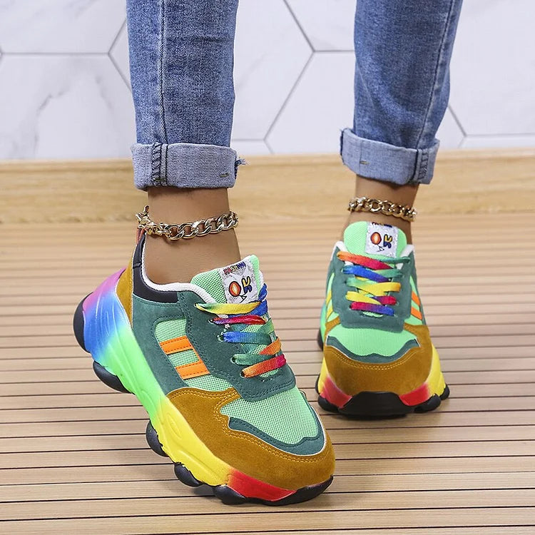 Rainbow Blue Green Orthopedic Walking Sneakers with Wide Toe Box for Women