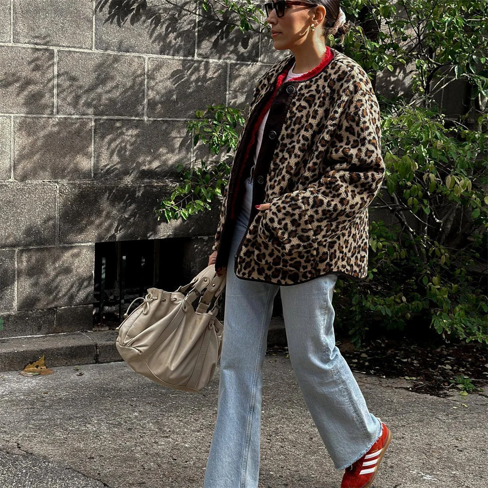 Stylish Women's Leopard Jacket | Round Neck, Fashion Outerwear