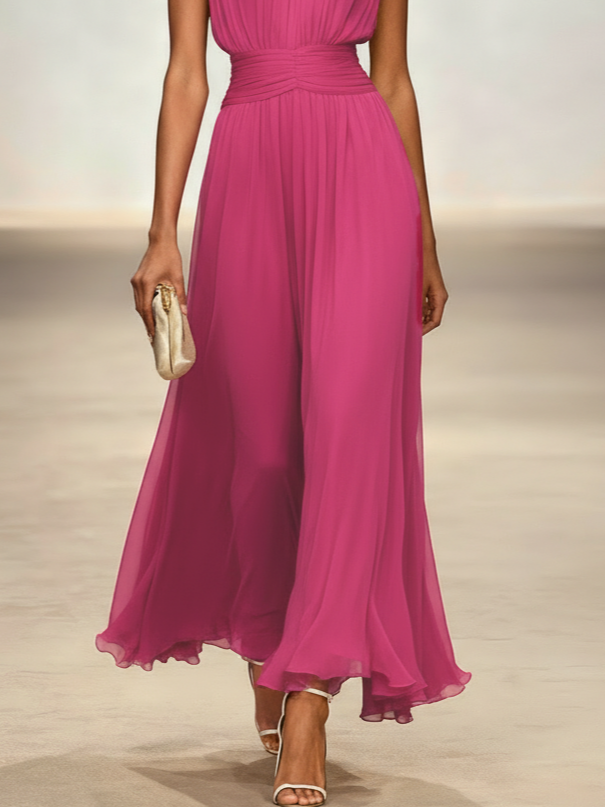 Sleeveless Ruched A-Line Chiffon Maxi Dress for Women | Wedding Guest