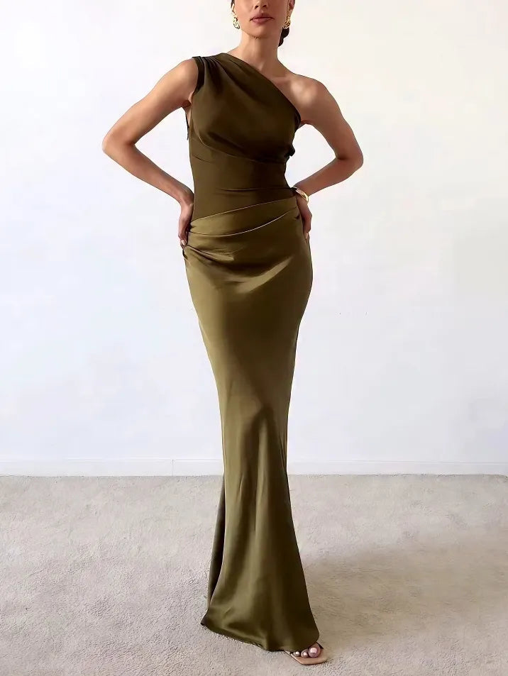 One Shoulder Pleated Maxi Dress for Women | Party and Formal Occasions
