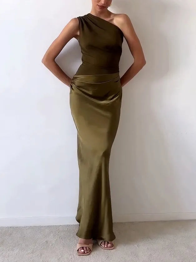 One Shoulder Pleated Maxi Dress for Women | Party and Formal Occasions