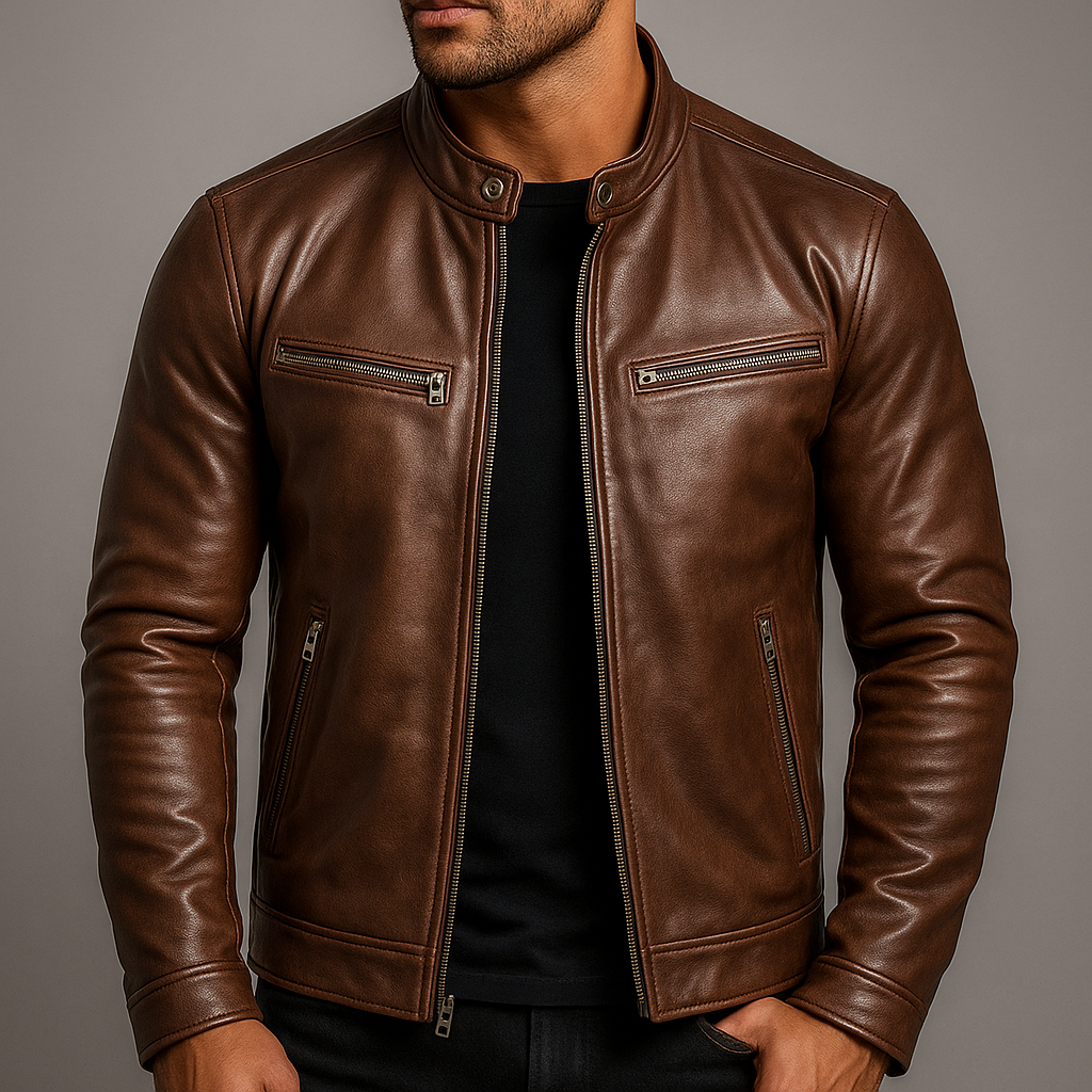 Brown Vintage Leather Jacket with Reinforced Seams and Metal Zipper for Men