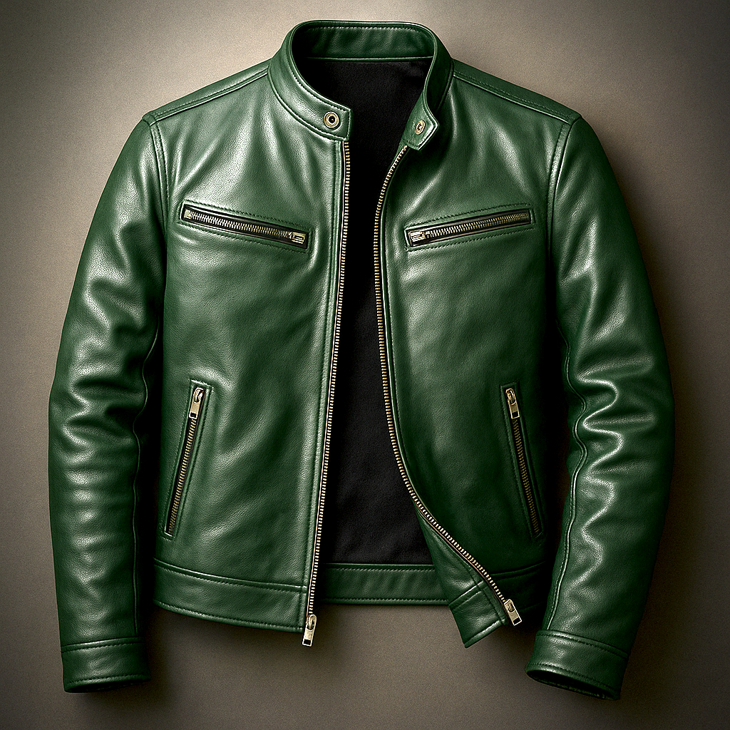 Brown Vintage Leather Jacket with Reinforced Seams and Metal Zipper for Men