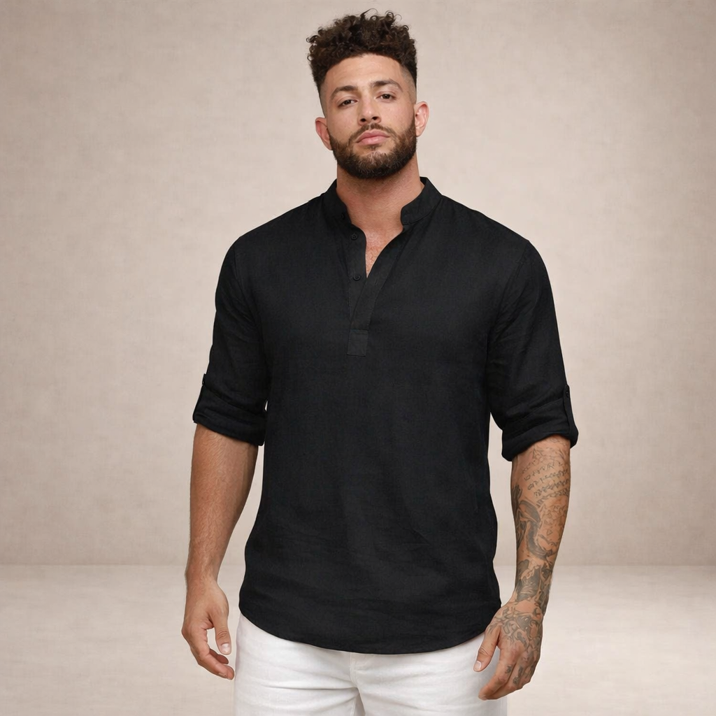Linen Regular Fit Shirt for Men with Stand Collar and Long Sleeves