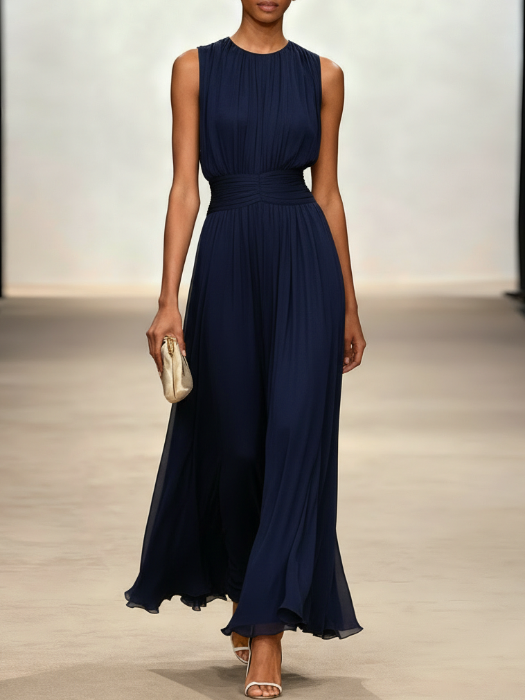 Sleeveless Ruched A-Line Chiffon Maxi Dress for Women | Wedding Guest