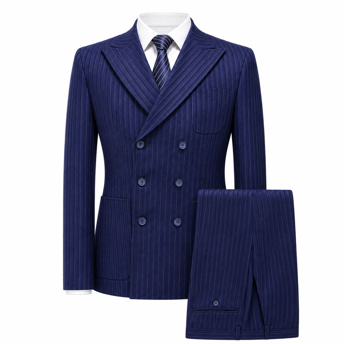Navy Blue Double Breasted Tweed Three Piece Suit for Men | Wedding Formalwear