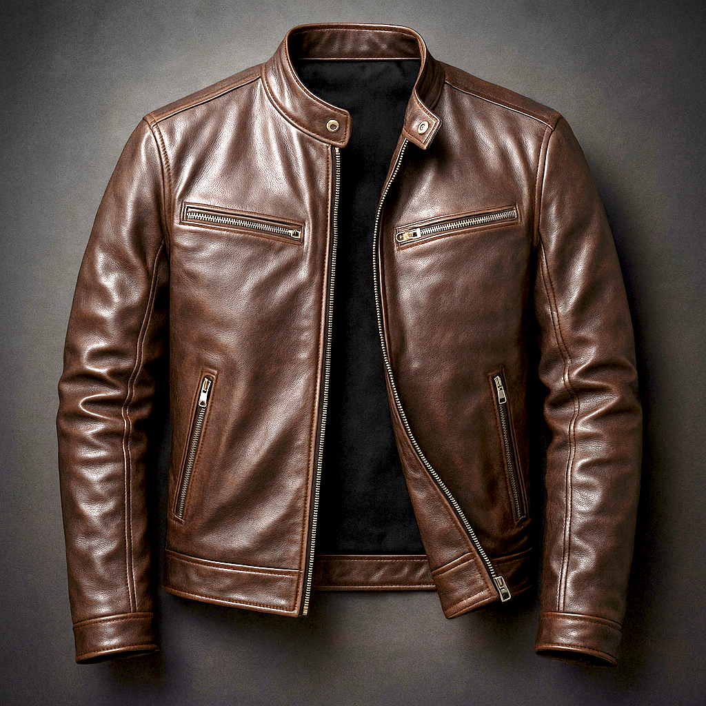 Brown Vintage Leather Jacket with Reinforced Seams and Metal Zipper for Men