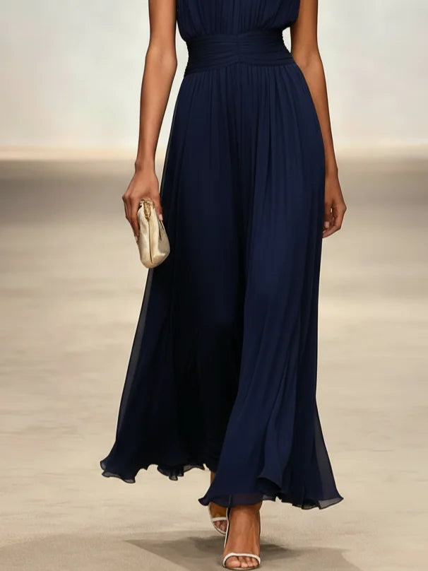 Sleeveless Ruched A-Line Chiffon Maxi Dress for Women | Wedding Guest