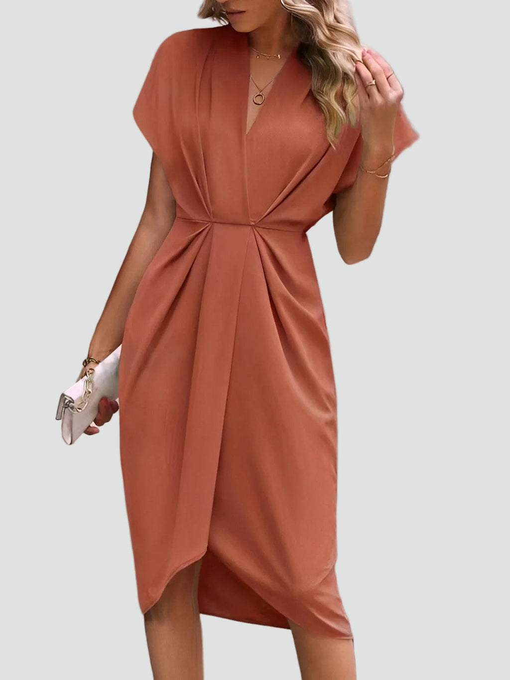Wrap Midi Dress for Women Regular Fit V-Neck with Loose Sleeves