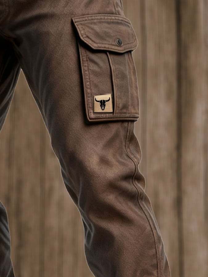 Brown Slim Fit Tapered Leg Cargo Pants with Flap Utility Pockets for Men