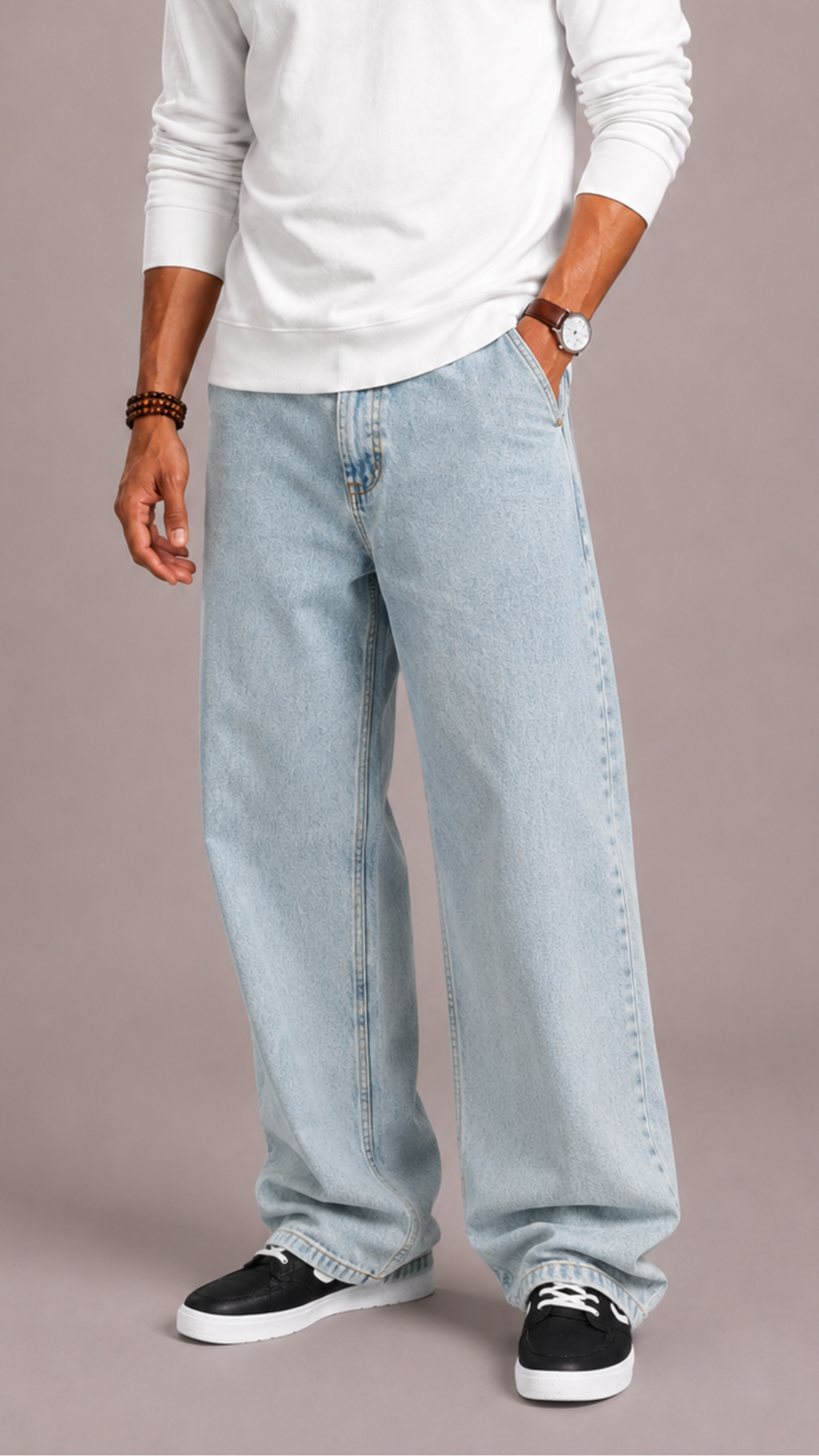 Denim Wide Leg Loose Fit Five Pocket Jeans for Men | Button and Zip Front