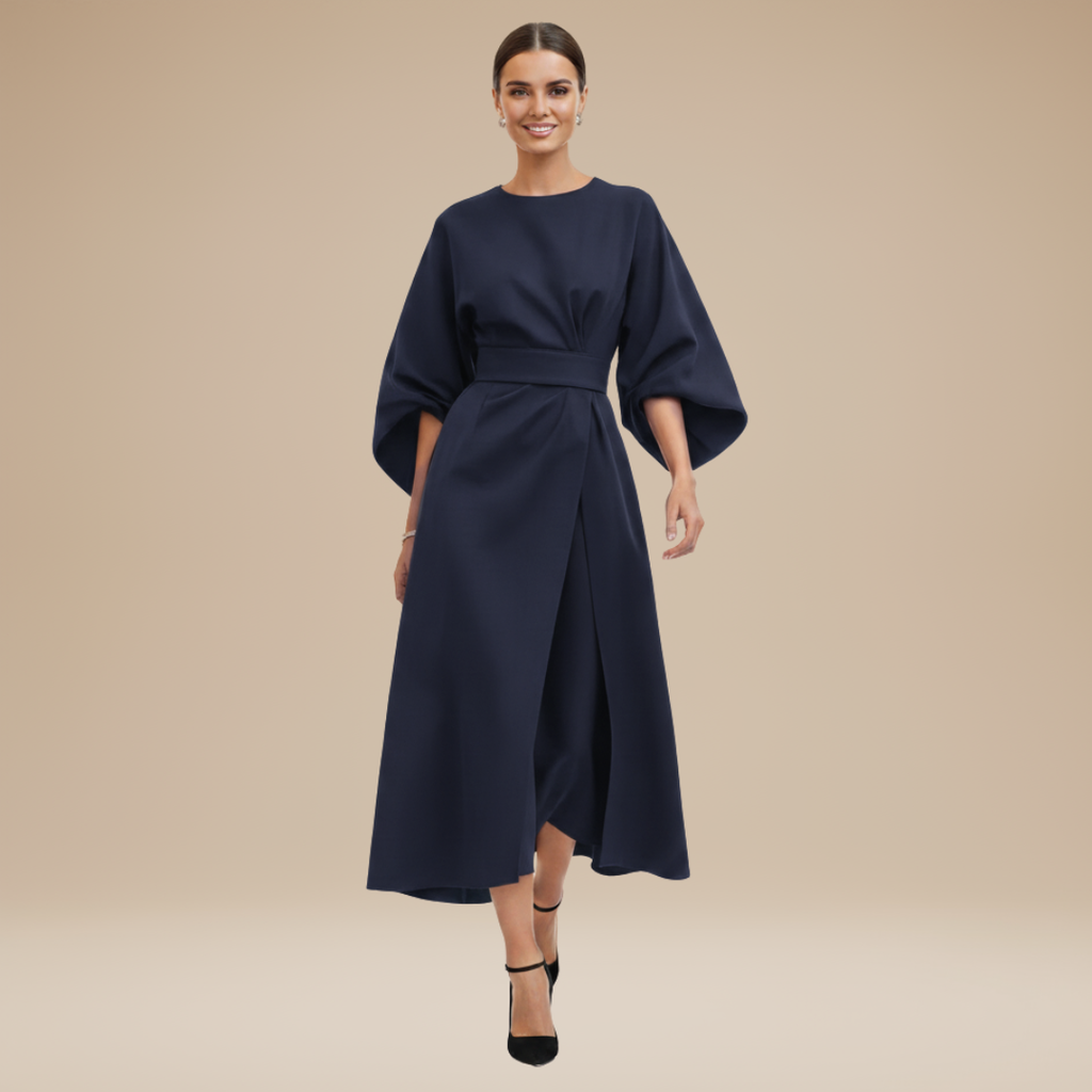 Wide Sleeve Wrap Midi Dress for Women | Belted V-Neckline