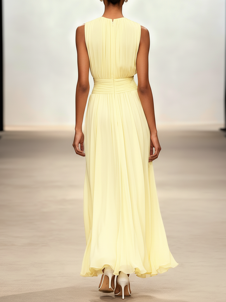 Sleeveless Ruched A-Line Chiffon Maxi Dress for Women | Wedding Guest