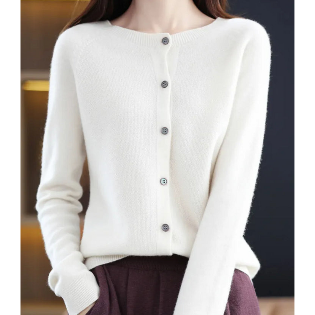 Merino Wool Cashmere Round Neck Button Front Long Sleeve Cardigan for Women