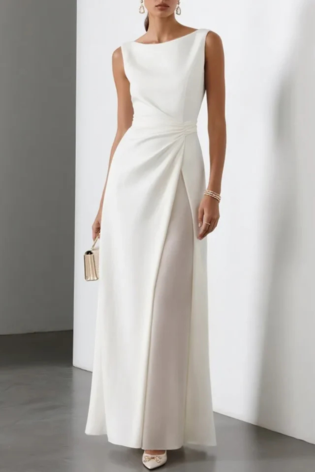 White Boat Neck Draped Waist Maxi Dress for Women | Wedding Guest