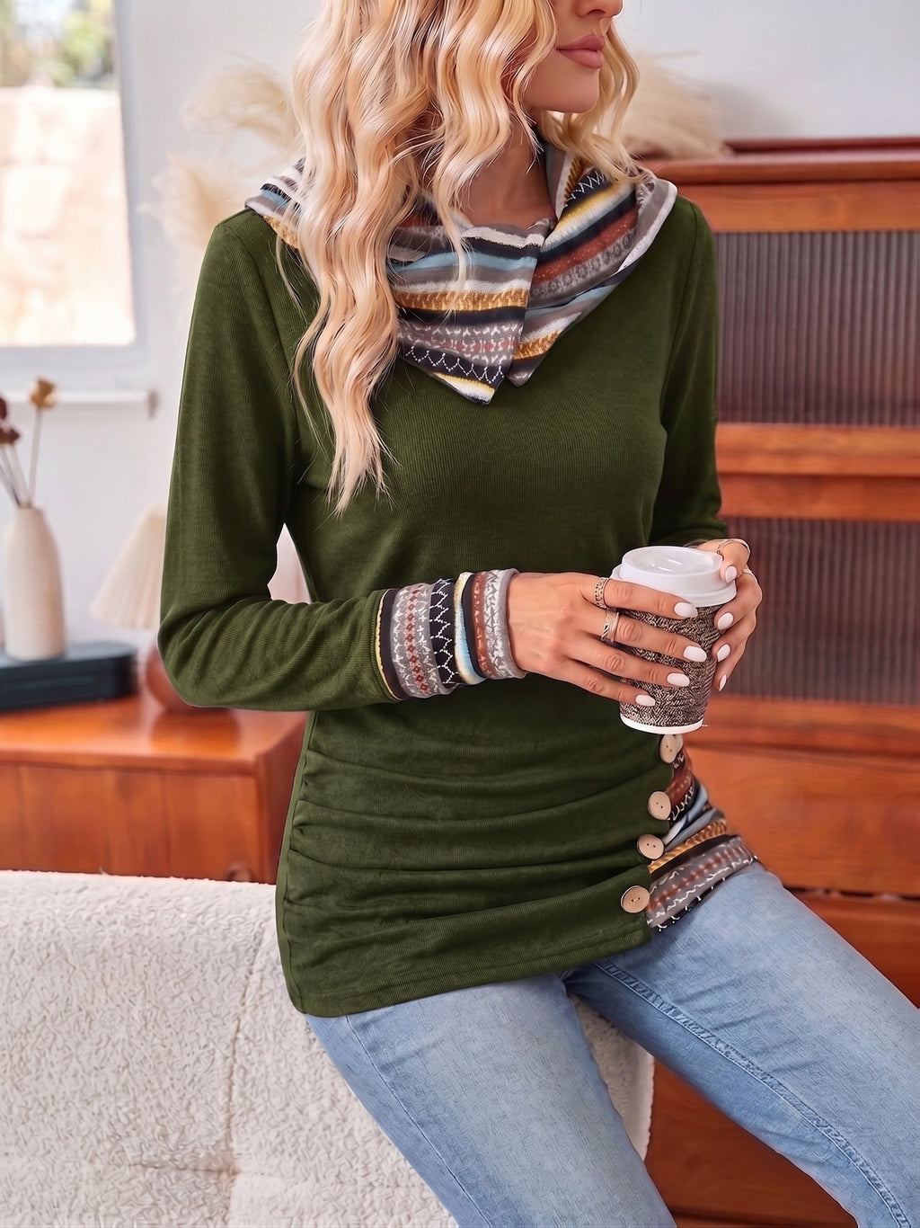 Casual Patchwork Hoodie with Striped Trim and Decorative Buttons for Women