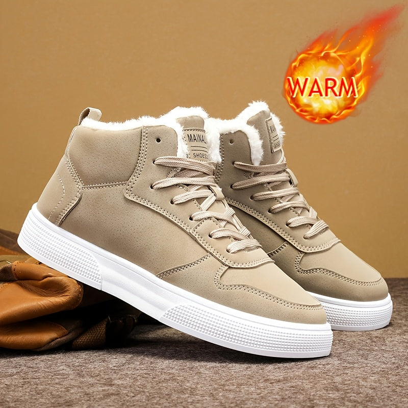 Warm Plush Lined High Top Lace Up Sneakers with Grip Sole for Men | Winter Wear