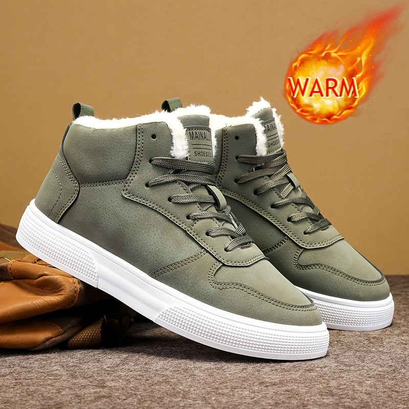 Warm Plush Lined High Top Lace Up Sneakers with Grip Sole for Men | Winter Wear