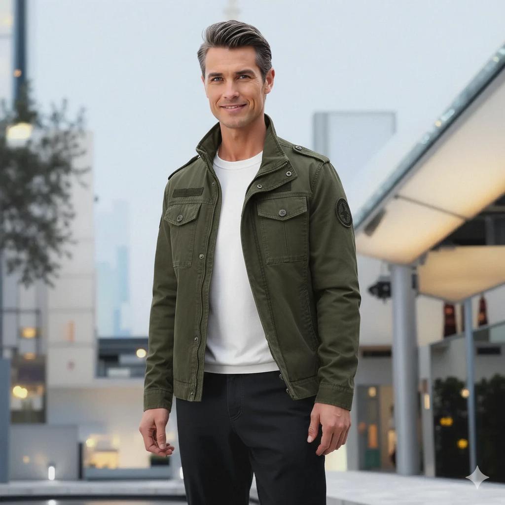 Olive Green Modern Military Zip-Up Jacket for Men | Fitted Casual Outerwear