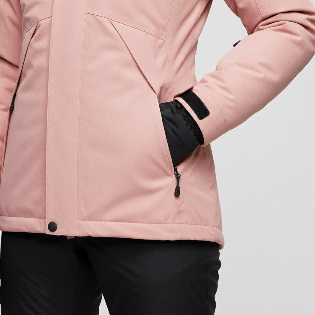 Pink Hooded Waterproof Ski Jacket and Pants Set for Women | Winter Snow Sports