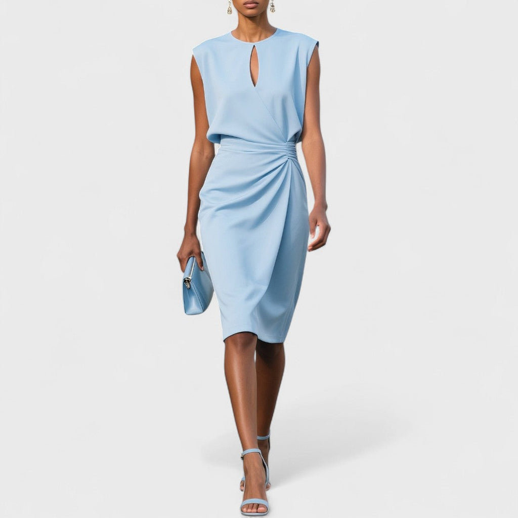 Sky Blue Fitted Midi Dress for Women | Formal and Daytime Occasions
