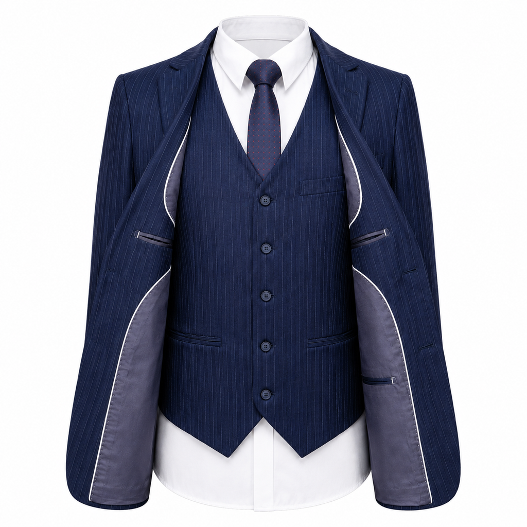 Navy Blue Double Breasted Tweed Three Piece Suit for Men | Wedding Formalwear