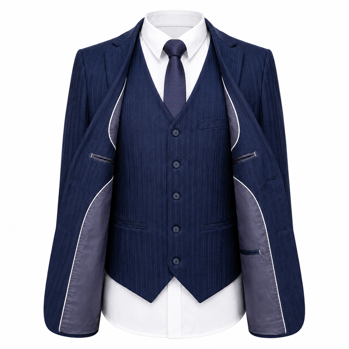 Navy Blue Double Breasted Tweed Three Piece Suit for Men | Wedding Formalwear