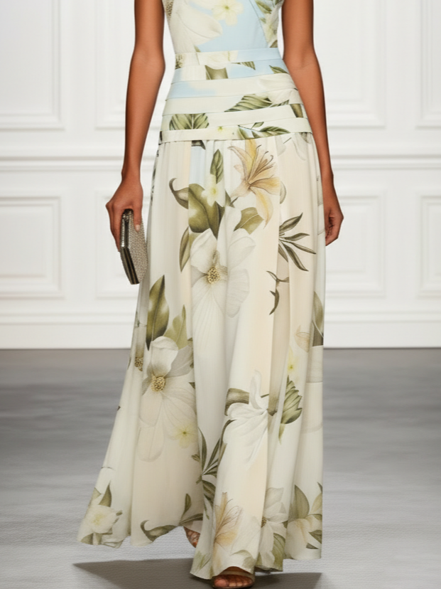 Floral Boat Neck Sleeveless Maxi Dress for Women | Wedding Guest