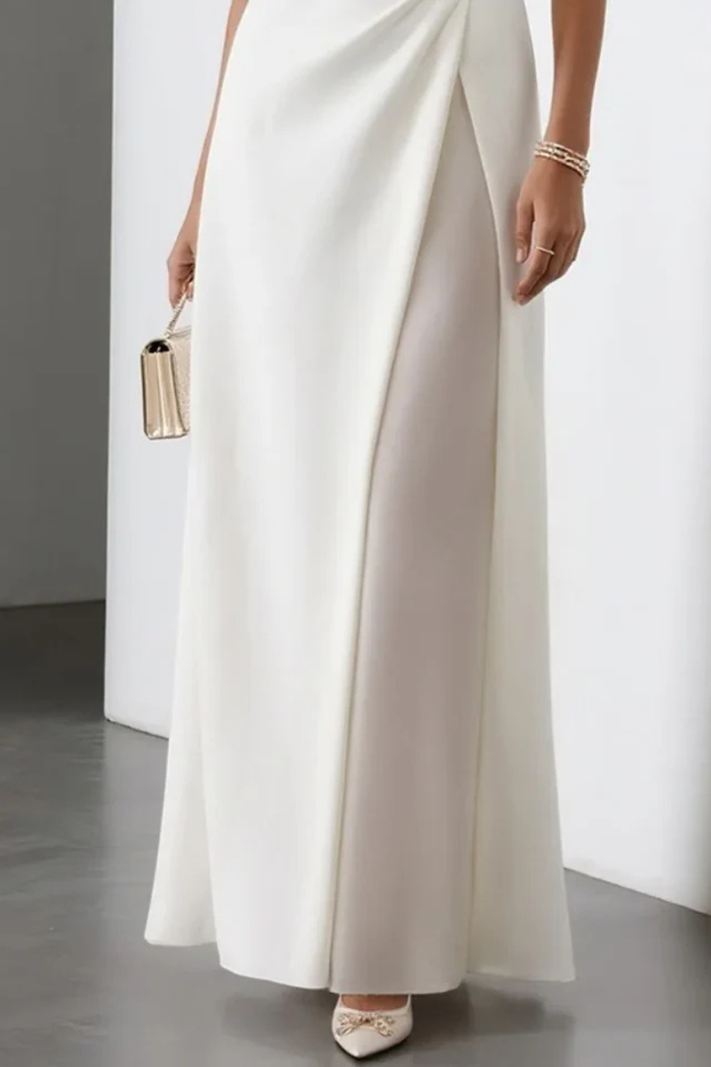 White Boat Neck Draped Waist Maxi Dress for Women | Wedding Guest
