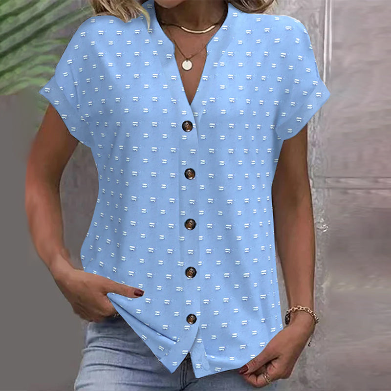 Blue Drop Shoulder V-Neck Blouse for Women | Short Sleeve