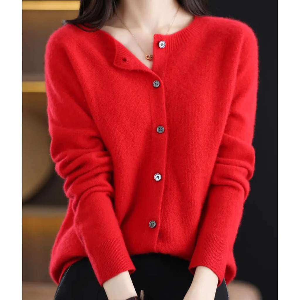 Merino Wool Cashmere Round Neck Button Front Long Sleeve Cardigan for Women