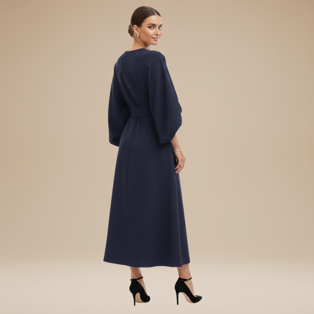 Wide Sleeve Wrap Midi Dress for Women | Belted V-Neckline