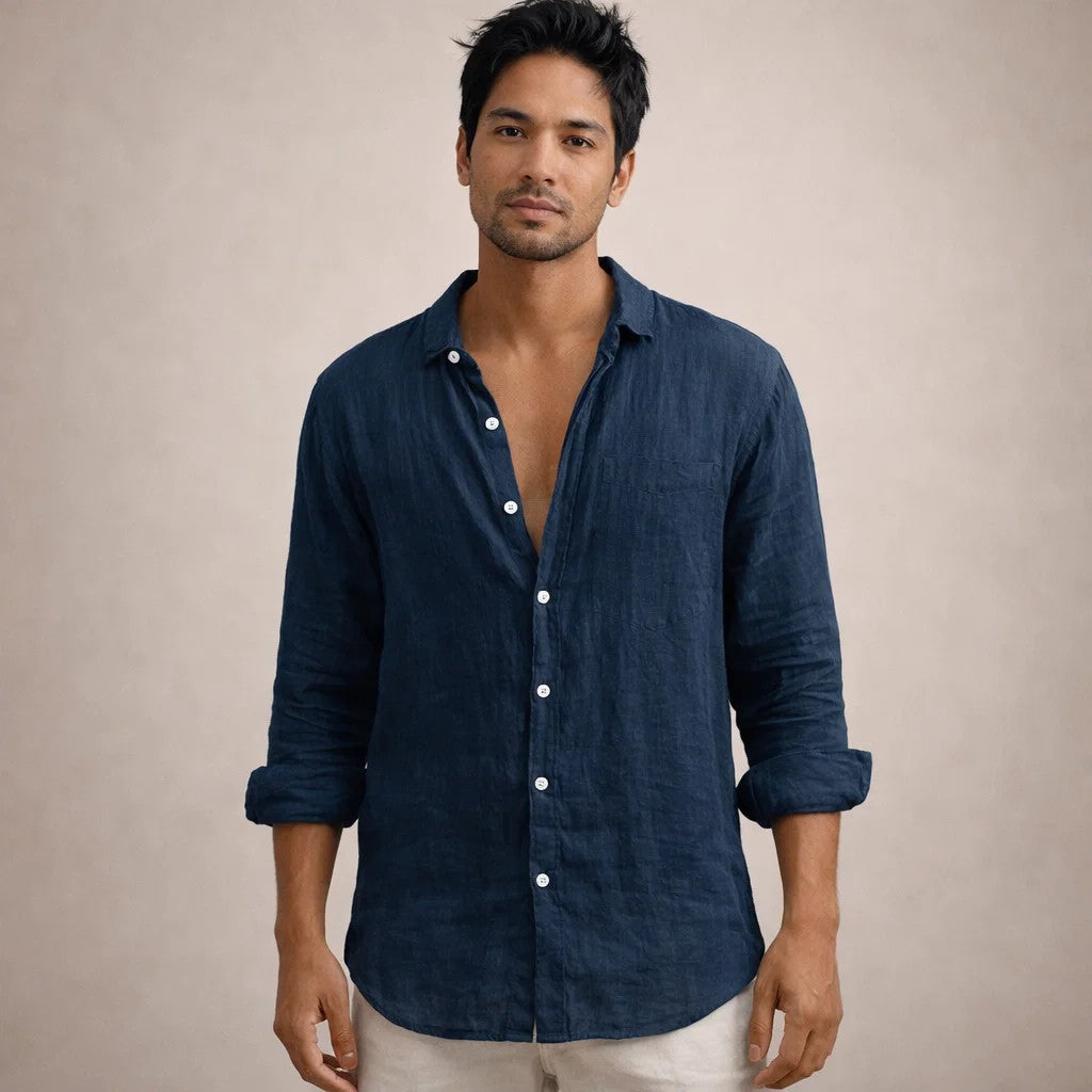 Linen Regular Fit Long Sleeve Open Collar Shirt for Men