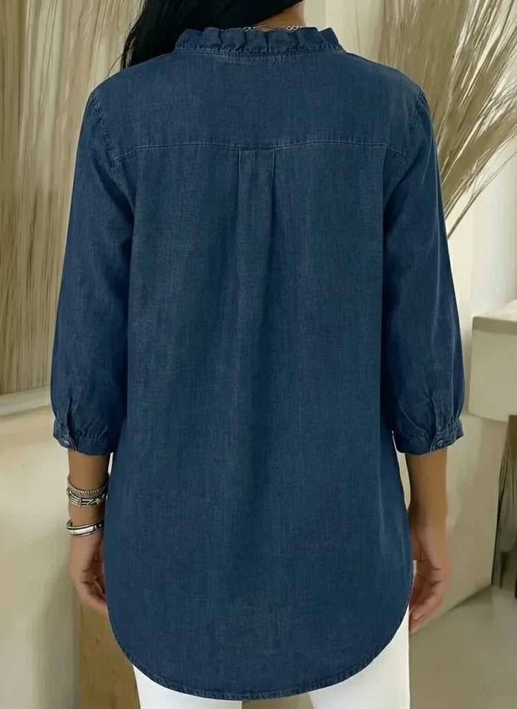 Denim V-Neck Ruffled Shirt for Women | Relaxed Fit Top